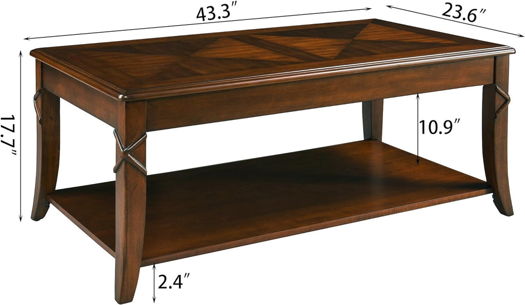 Mid-Century Modern Living Room Coffee Table Set, 2-Piece Solid Wood Living Room Table Set, 1 Solid Wood Coffee Table with Storage Shelf and 1 End Table, Cherry Walnut KFZ-DR200-2