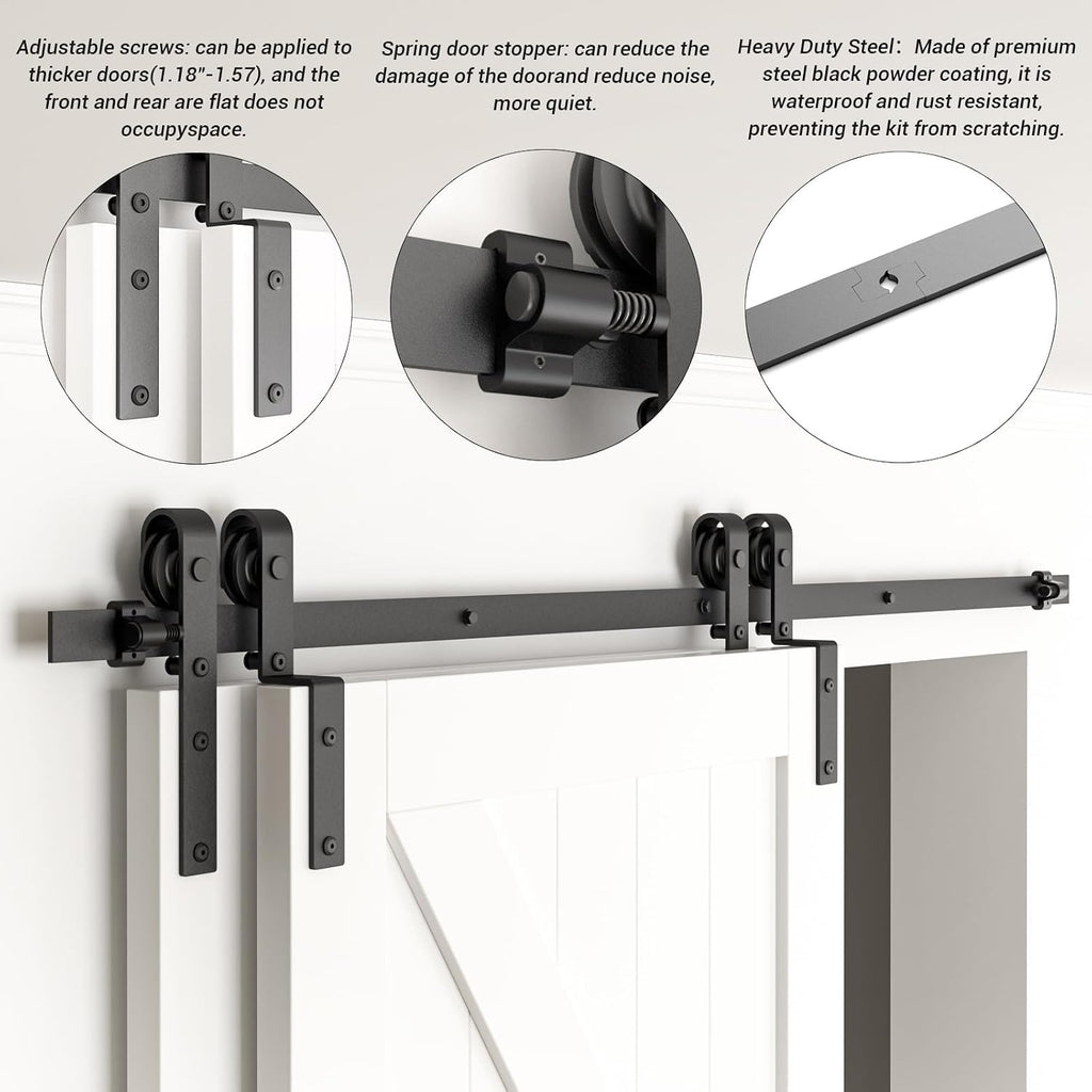 14FT Bypass Sliding Barn Door Hardware Kit, Combination Track Mode Sliding Door Hardware, Double Wooden Doors Use Single Track Bypass Barn Door Hardware (14 Feet)