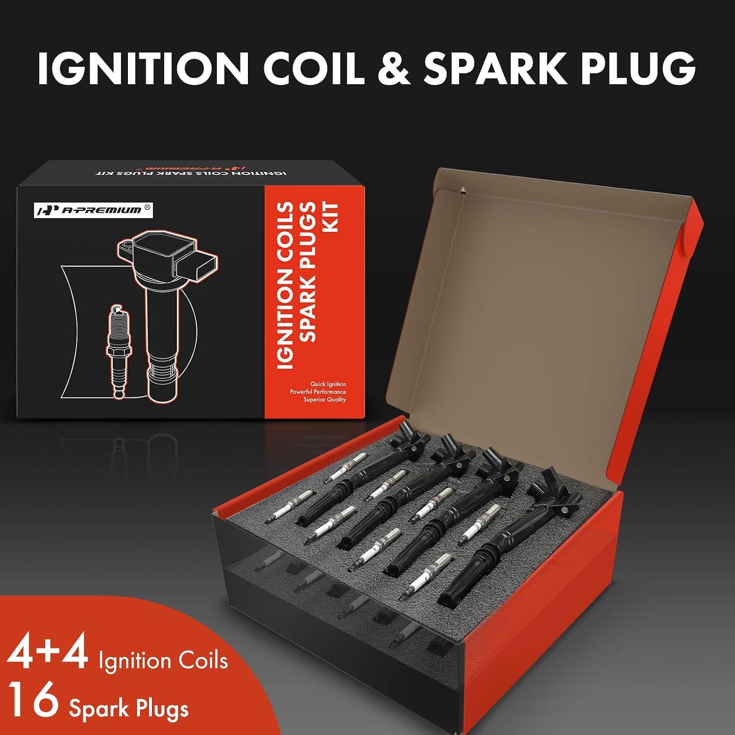 A-Premium Set of 8 Ignition Coil Pack and Iridium Spark Plugs Compatible with Ford F-150 2010-2014, F-250 2011-2017, F-350 2011-2017, E-350 Super Duty 2017 - for V8 6.2L