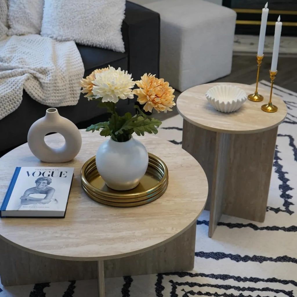 Round Coffee Table for Small Space, with a Strong X-Frame Base Modern Coffee Table for Living Room, Footpads Prevent Scratching The Floor