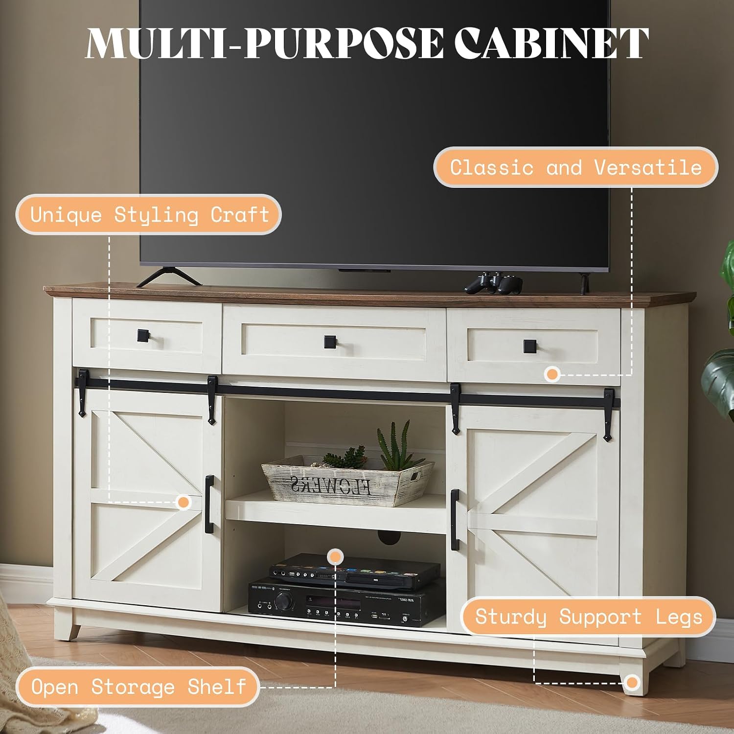 AMERLIFE TV Stand with Set of 2 Bookcases and Coffee Table, Farmhouse Entertainment Center for 65 Inch Television with Sliding Barn Doors & Storage Drawers, for Living Room, Bedroom, Rustic White
