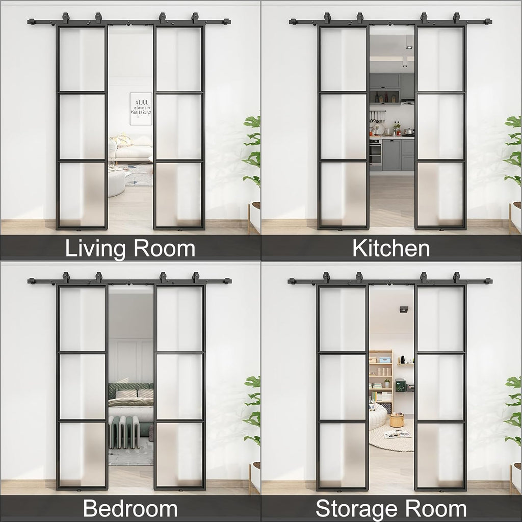 JUBEST 36 x 84 Inch Double Barn Door with 6FT Hardware Kit and Soft Close Mechanism Include, 2 Sets of 18in x 84in 3-Paneled Frosted Glass with Carbon Steel Frame Barn Door, Easy to Install