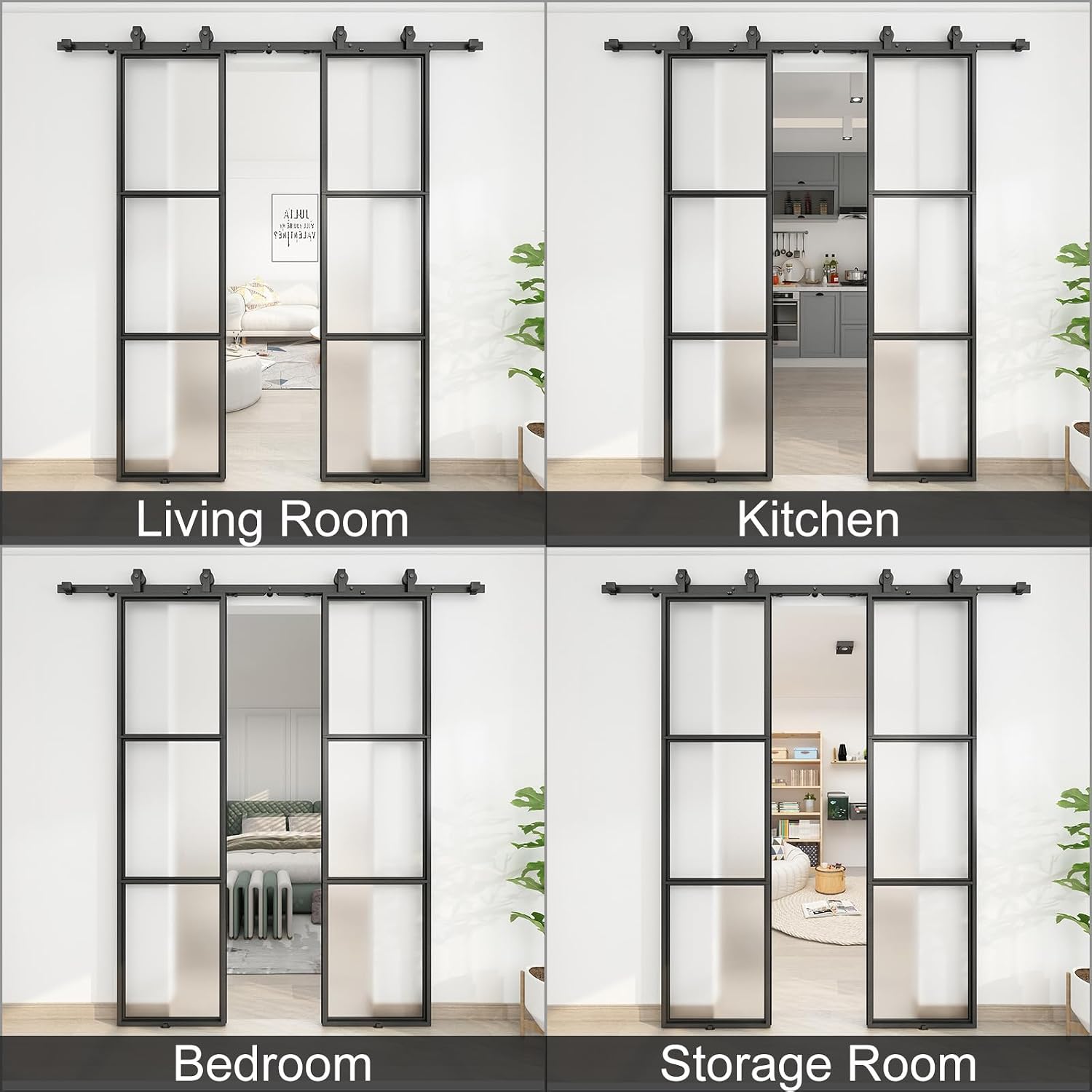 JUBEST 36 x 84 Inch Double Barn Door with 6FT Hardware Kit and Soft Close Mechanism Include, 2 Sets of 18in x 84in 3-Paneled Frosted Glass with Carbon Steel Frame Barn Door, Easy to Install