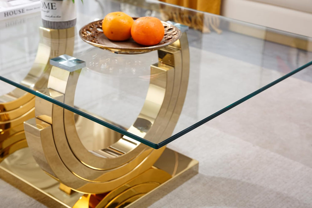 2 Piece Living Room Table Set Include 1 Glass Coffee Table & 1 End Table, Modern Gold Coffee Table Set of 2 with C-Shape Stainless Steel Pedestal Base