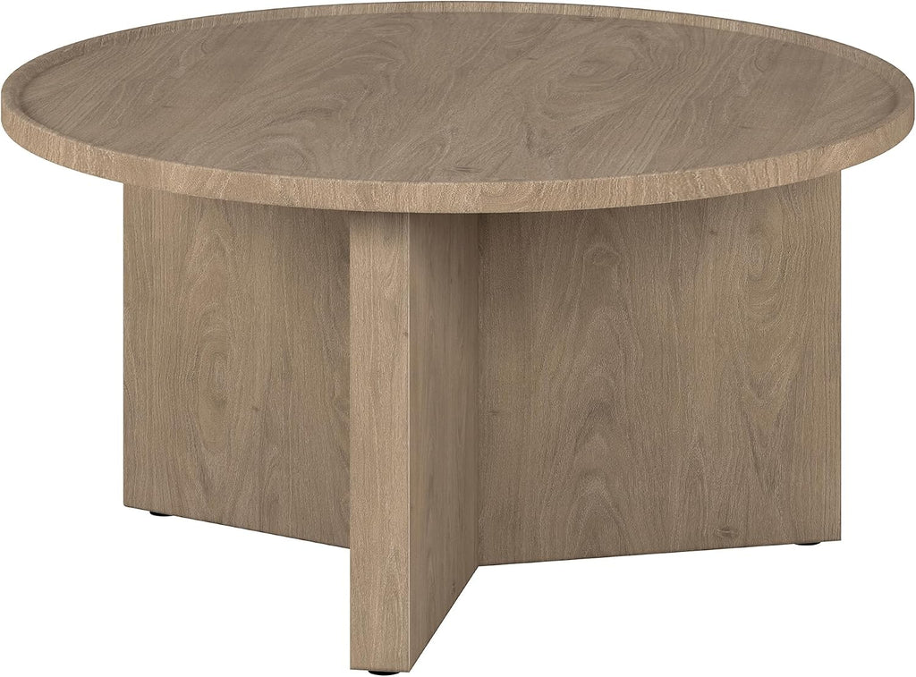 Henn&Hart 32' Round Wood Pedestal Low-Profile Coffee Table for Living Room, Family Room, Office or Apartment, Weathered Gray