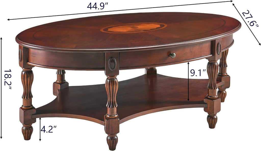 Solid Wood Coffee Table with Drawer and Storage Shelf, Traditional Living Room Cocktail Tea, Oval Center Carvings Side Vintage 46''Lx 29''Wx18.2''H Cherry Walnut KFZ1533WD-DR