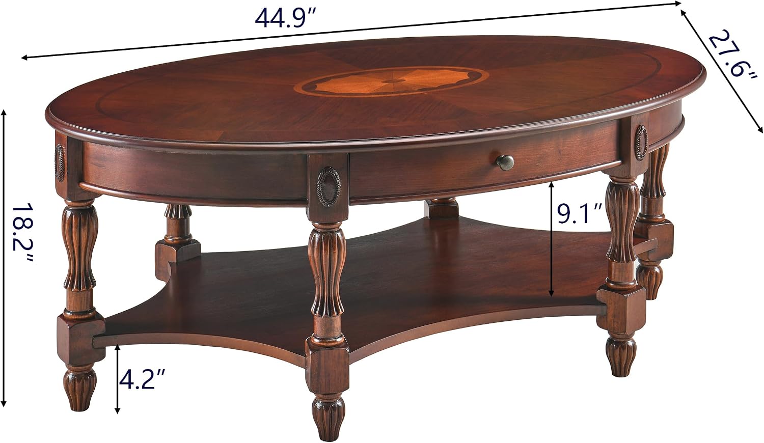 Solid Wood Coffee Table with Drawer and Storage Shelf, Traditional Living Room Cocktail Tea, Oval Center Carvings Side Vintage 46''Lx 29''Wx18.2''H Cherry Walnut KFZ1533WD-DR
