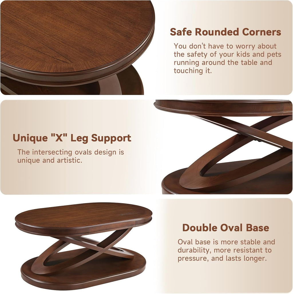 LKTART Living Room Coffee Table Set of 3, Oval Wood Coffee Table and Round End Tables Set of 2, Vintage Antique Coffee Table Sets with X-Shape Support,Walnut