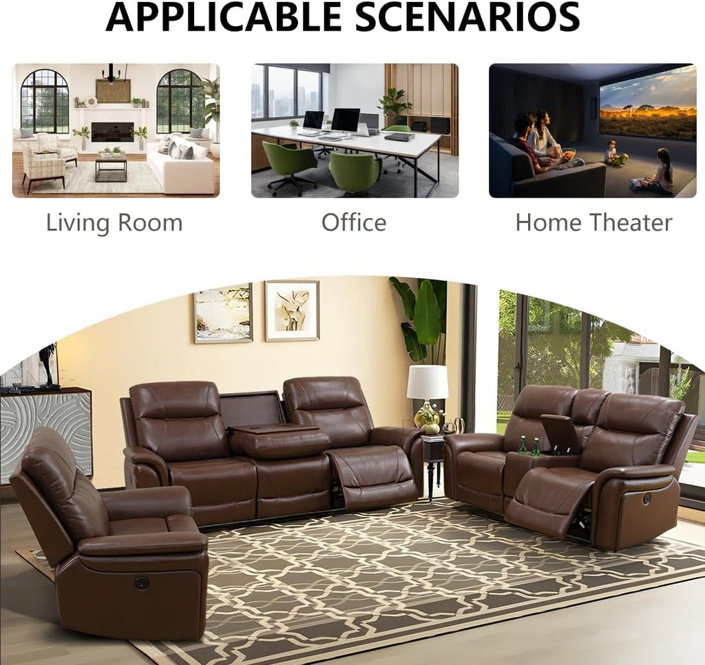 Leather Power Recliner Chair, Reclining Sofa Chair with Padded Backrest, Single Home Theater Seating with Light Strip, Classic Brown Recliner Furniture for Living Room/Office/RV, Brown