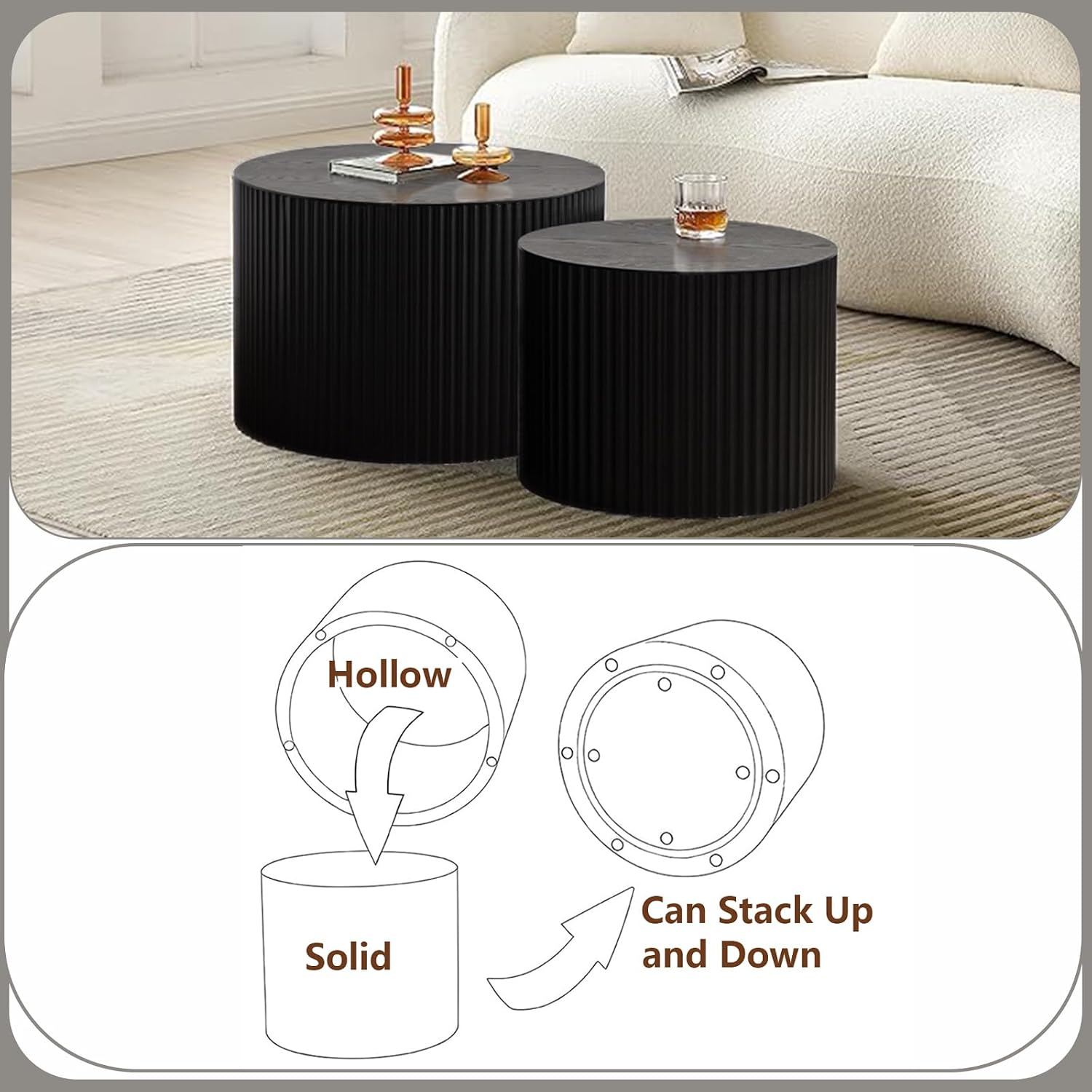 Nesting Coffee Table Set of 2 Wood Circle Drum Coffee Tables Set Contemporary Fluted Coffee Table Round Wooden Coffee Tables for Living Room & Small Space (Black, 18.9 +14.9in)