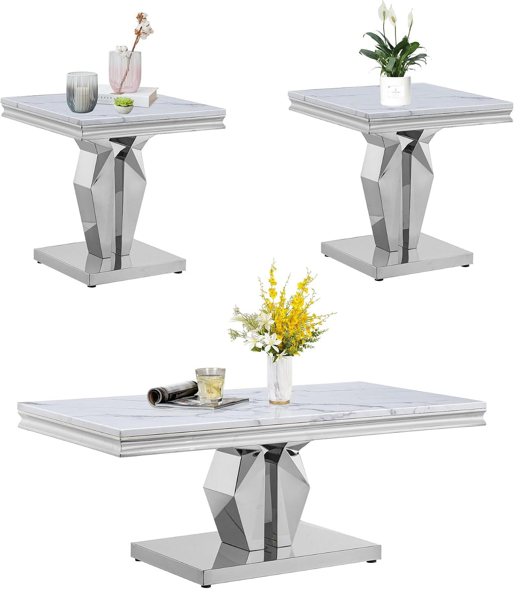 3 Pieces Coffee Table Set, Faux Marble Living Room Table Set of 3, Modern Coffee Table and 2 End Tables with Y-Shaped Stainless Steel Base for Living Room (White Silver)