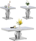 3 Pieces Coffee Table Set, Faux Marble Living Room Table Set of 3, Modern Coffee Table and 2 End Tables with Y-Shaped Stainless Steel Base for Living Room (White Silver)