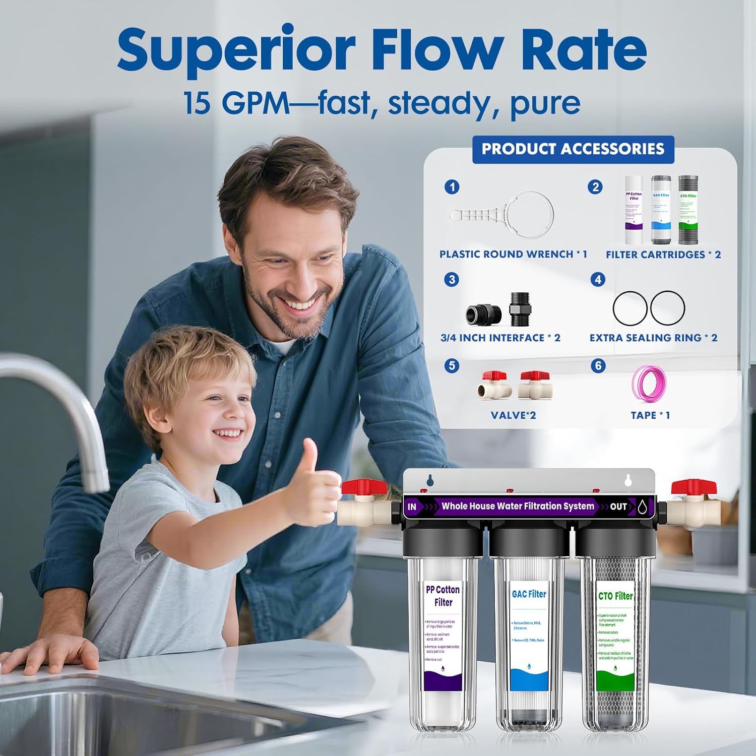 Whole House Water Filter System, 3-Stage Home Water Filtration System Highly Reduces Chlorine Odor,Taste, Delivers Crisp Water for Healthier Skin, 3/4' Ports with 2 Valves, Extra 2 Sets Filter Supply