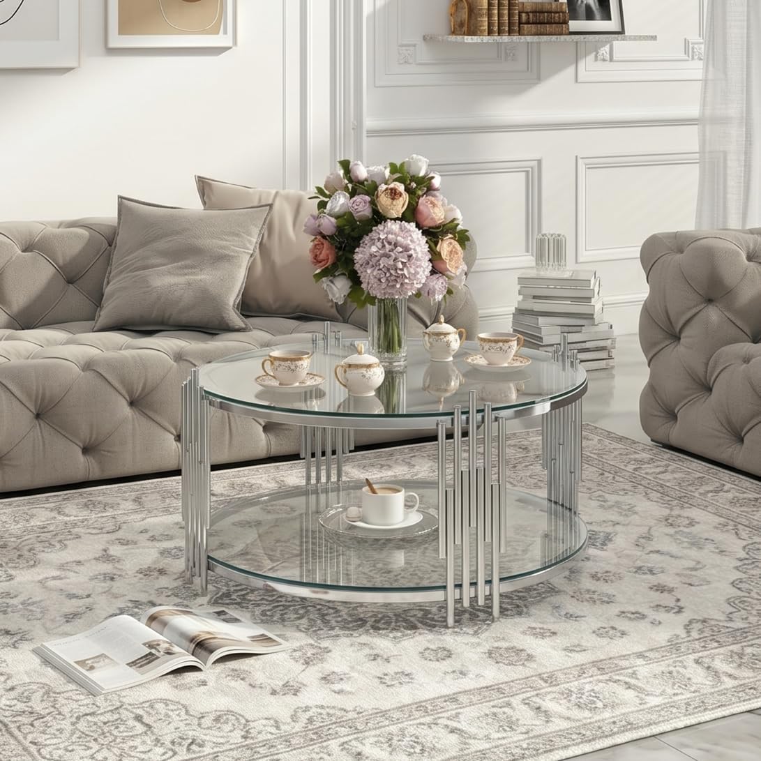 SSLine Round Glass Coffee Table with Silver Stainless Steel Frame Luxury Circle 2-Tier Coffee Table for Living Room Modern Elegant Center Table with Storage Shelves for Home Office