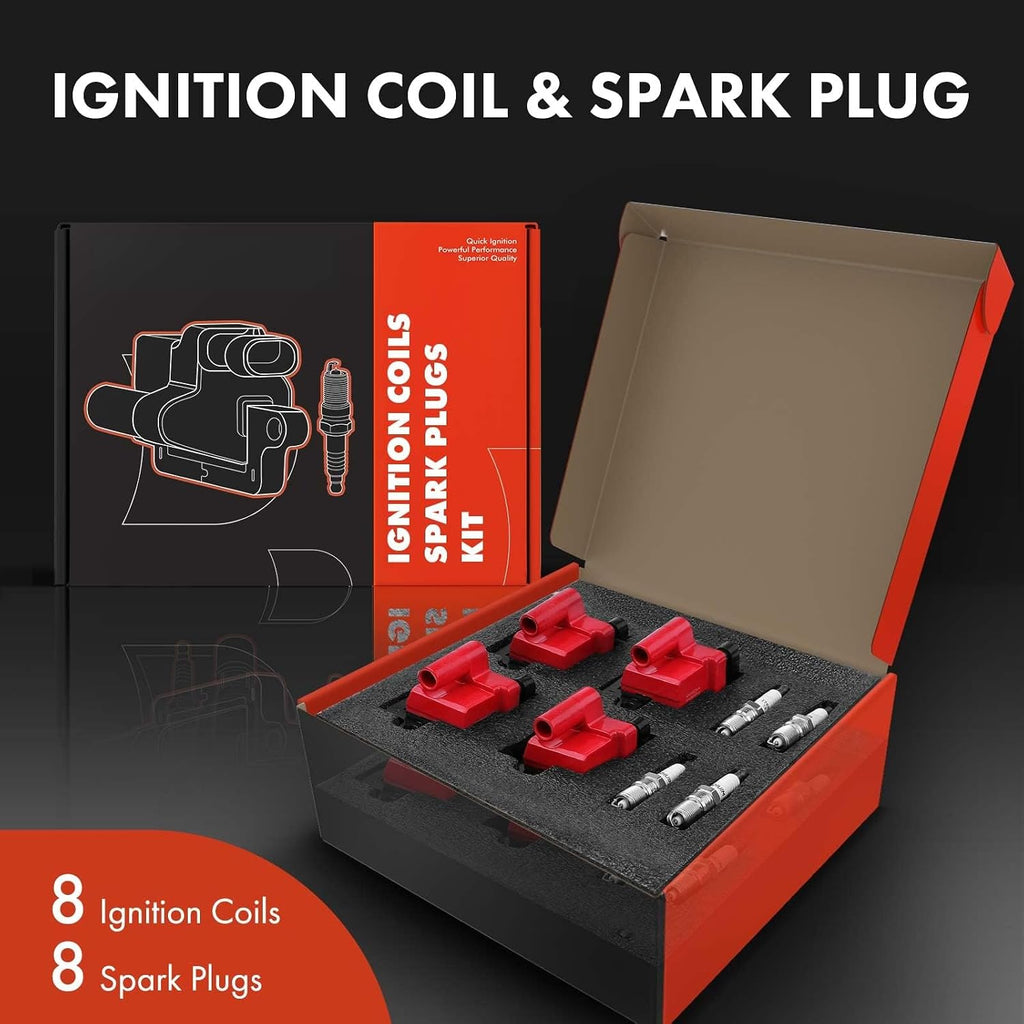 A-Premium Set of 8 (Red) Ignition Coil Pack and Iridium Spark Plugs Compatible with Chevrolet Silverado GMC Sierra 1500 2500 Tahoe Yukon Buick Cadillac Hummer