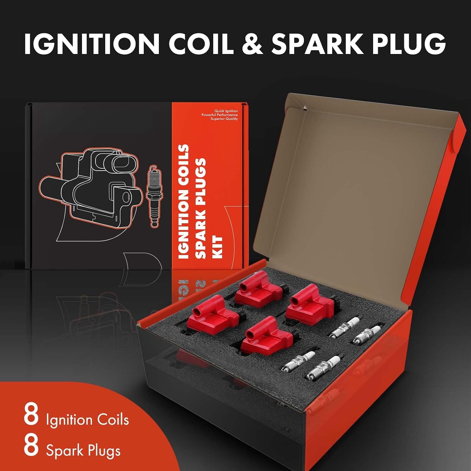 A-Premium Set of 8 (Red) Ignition Coil Pack and Iridium Spark Plugs Compatible with Chevrolet Silverado GMC Sierra 1500 2500 Tahoe Yukon Buick Cadillac Hummer