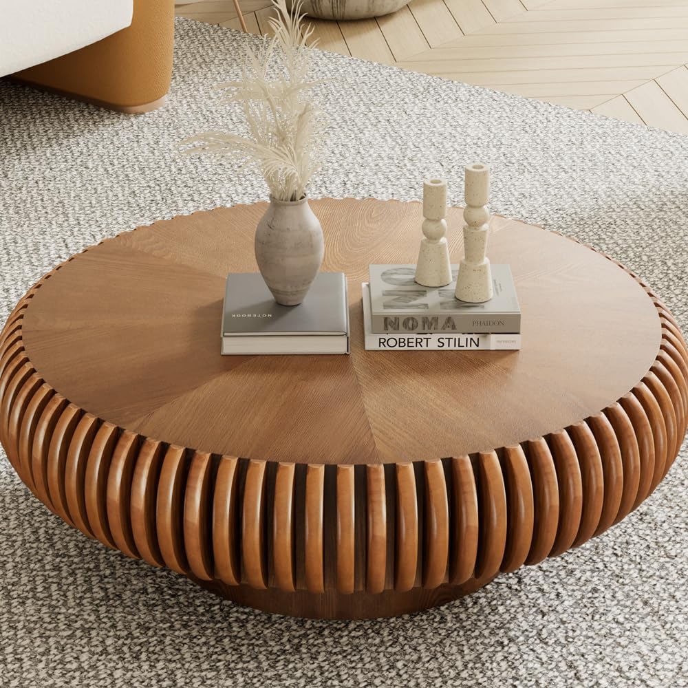 Round Coffee Table for Living Room Modern Solid Wood Fluted Design Coffee Tables with Sturdy Pedestal for Small Space Circle Center Table Accent Tea Table for Apartment, Easy Assemble (Brown, 31.4)