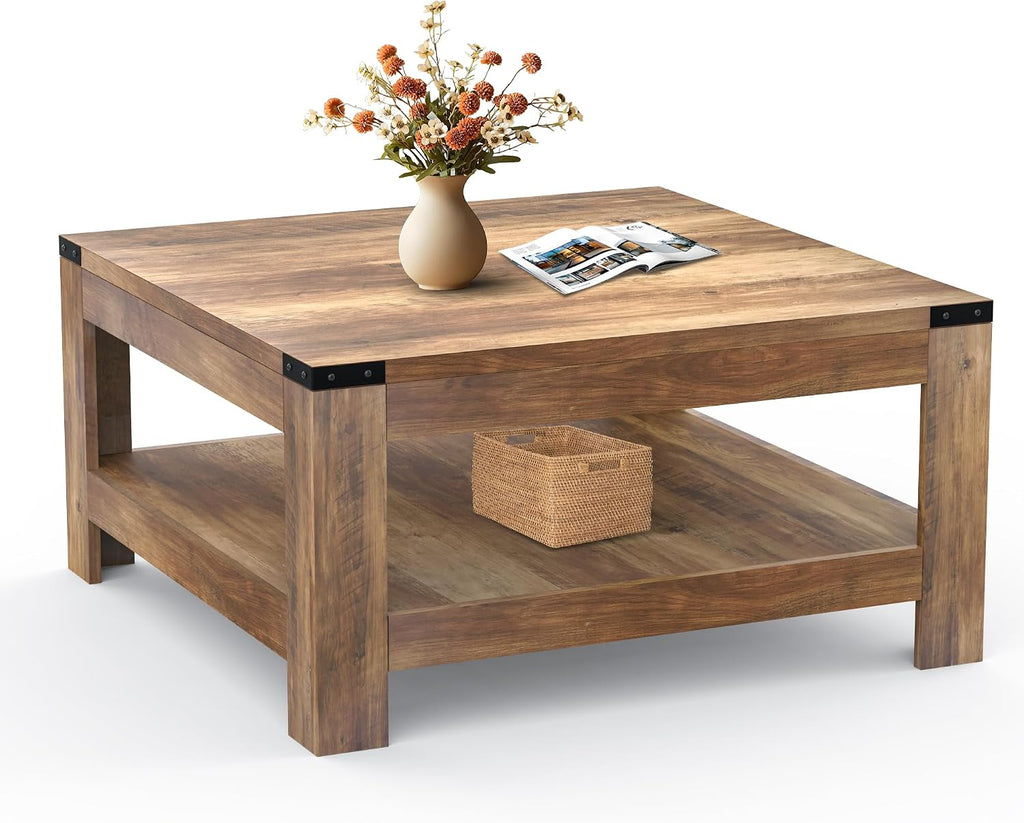 Farmhouse Coffee Table, Modern Rustic Wooden Center Table with Storage, Living Room Tables, 2-Tier Industrial Cocktail Tea Table for Living Room