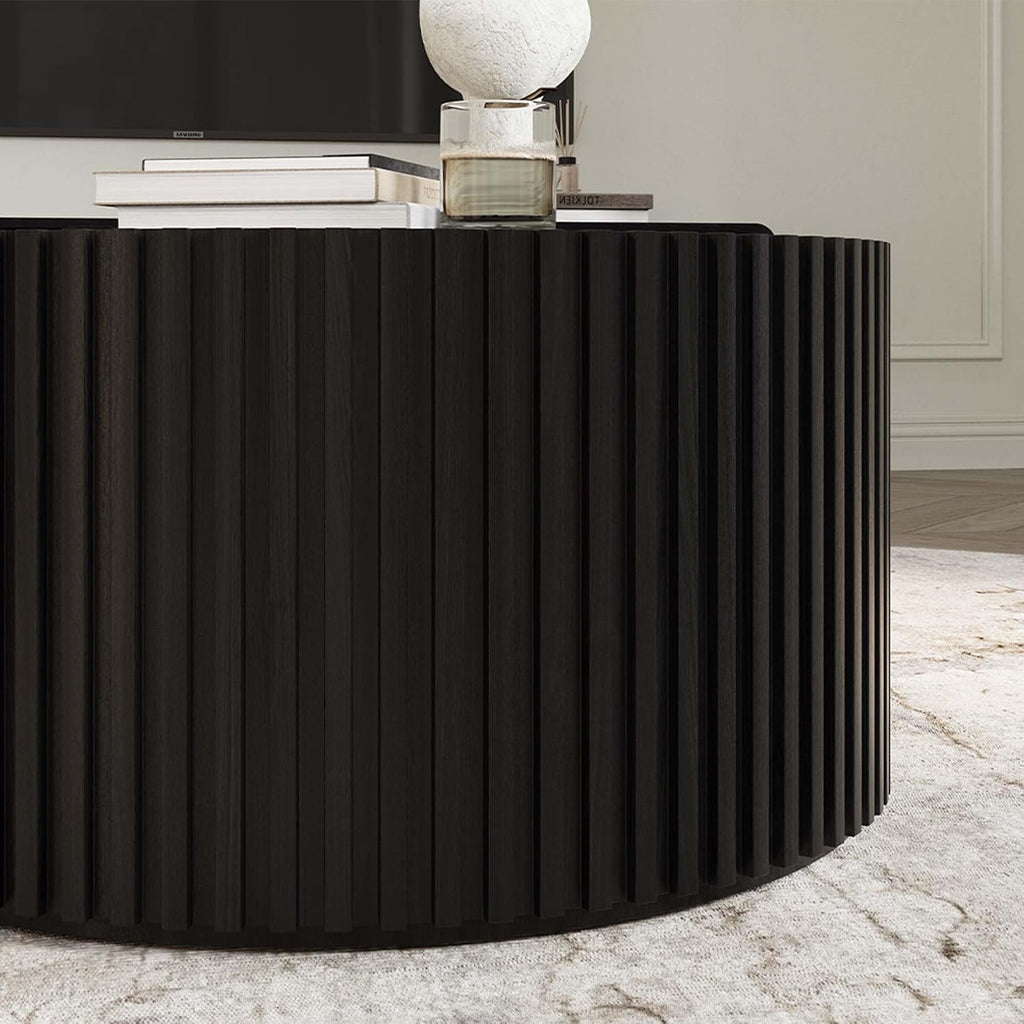 POVISON Mid Century Modern Coffee Table with Fluted Design, 31.5' Round Coffee Table for Living Room, Black Wood Coffee Table for Home Office Apartment