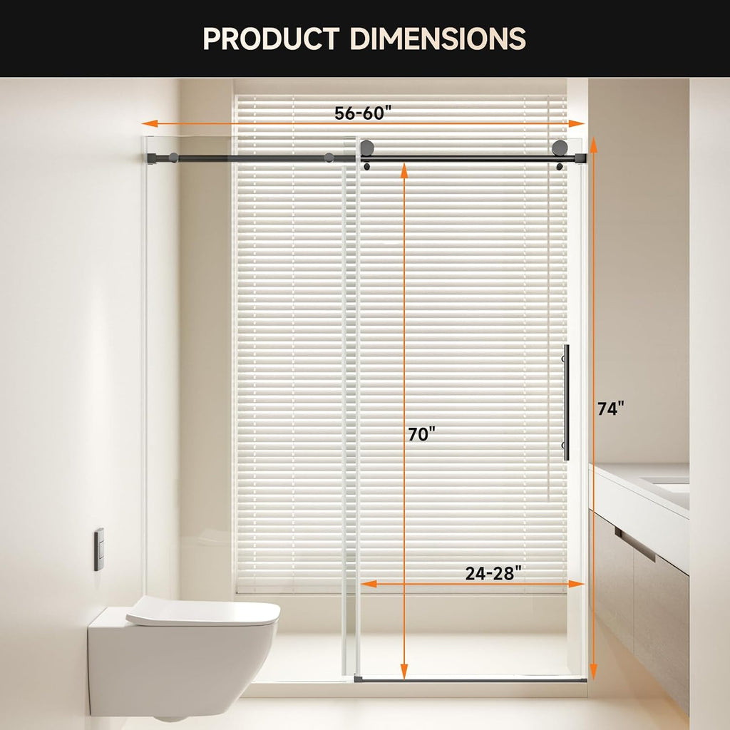 Frameless Shower Door, 56-60' W x 74' H 8mm Single Sliding Shower Door with 5/16' Clear Tempered Glass, Bathroom Glass Door for Walk-in Shower, Black