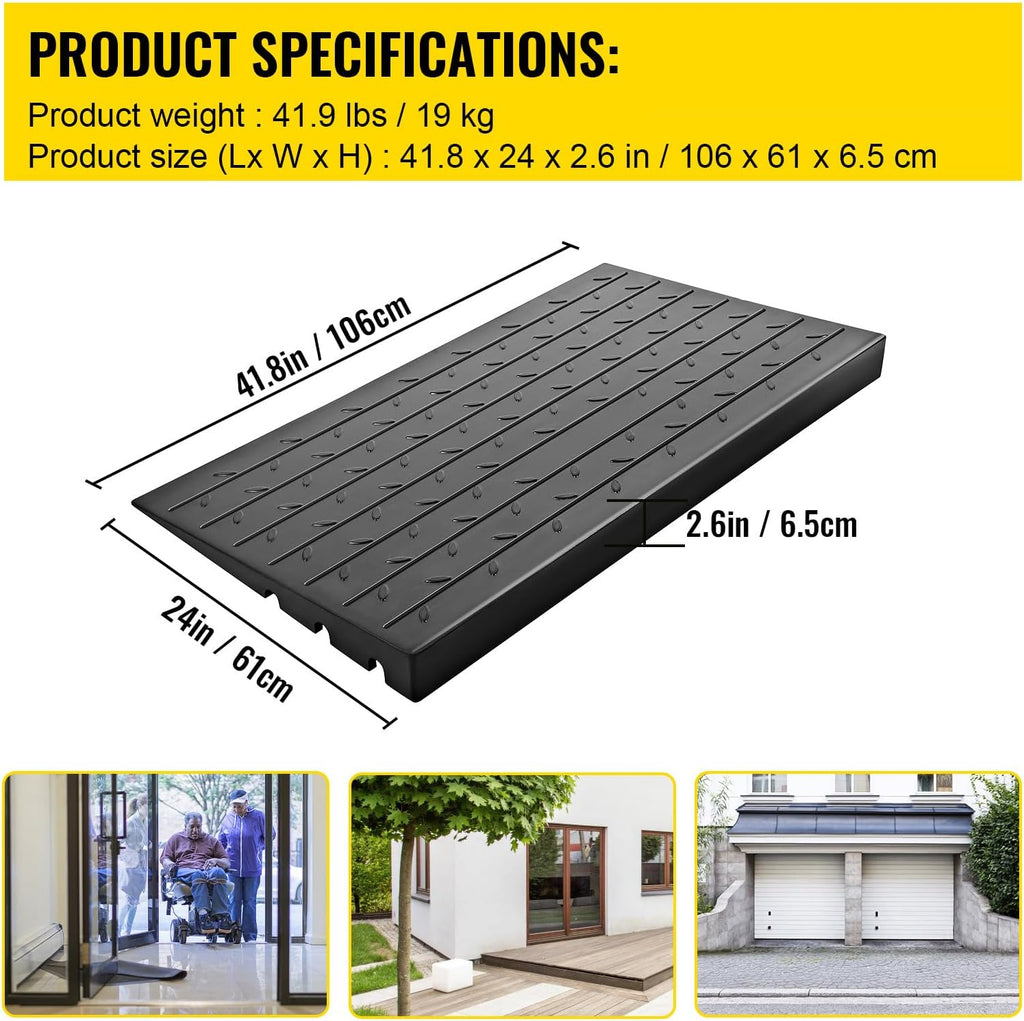 Happybuy Rubber Threshold Ramp, 2.6' Rise, Doorway Ramp with 3 Channels Cord Cover, Solid Rubber Angled Entry Ramp, 2202 lbs Load Capacity for Wheelchairs and Scooters