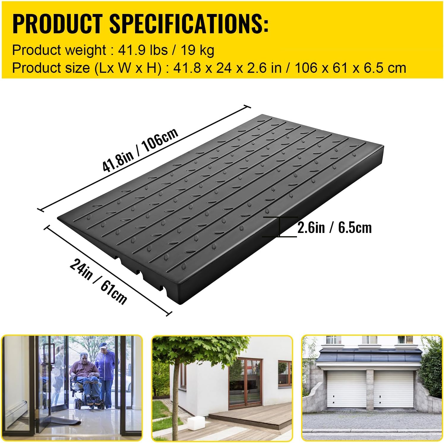 Happybuy Rubber Threshold Ramp, 2.6' Rise, Doorway Ramp with 3 Channels Cord Cover, Solid Rubber Angled Entry Ramp, 2202 lbs Load Capacity for Wheelchairs and Scooters