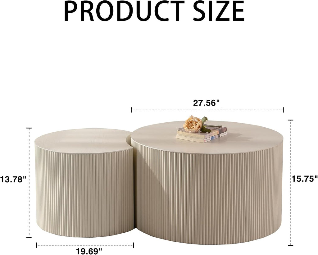 47.25 inch Nesting Coffee Table Set of 2, Modern Round Coffee Table End Table Set for Living Room, Wood Circle Drum Side Table Beige