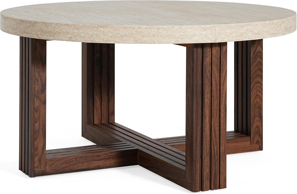 Christopher Knight Home Yone 31.5'' Modern Round Coffee Table for Living Room Furniture/Apartment, Side Table with Marble Pattern Top, Wooden End Table with Cross Metal Base, Brown + Beige