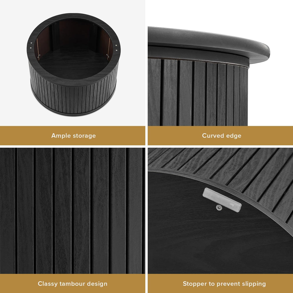 mopio Quin Tambour Round Circle Coffee Table with Storage, Drum Accent, Mid Century Modern, Wood, Fluted Center, Tea Table with Removable Lid, Living Room (Black Oak)