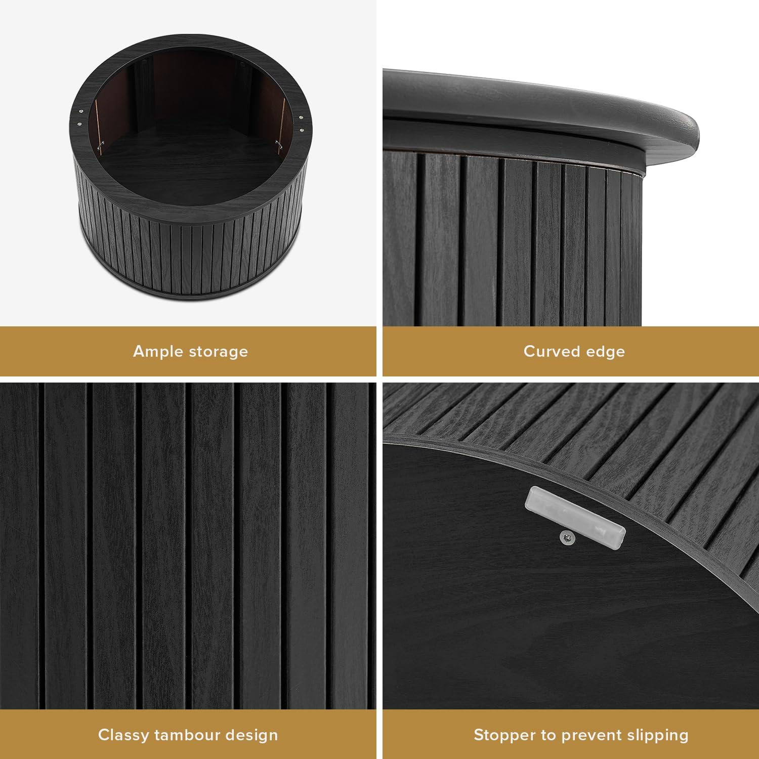 mopio Quin Tambour Round Circle Coffee Table with Storage, Drum Accent, Mid Century Modern, Wood, Fluted Center, Tea Table with Removable Lid, Living Room (Black Oak)