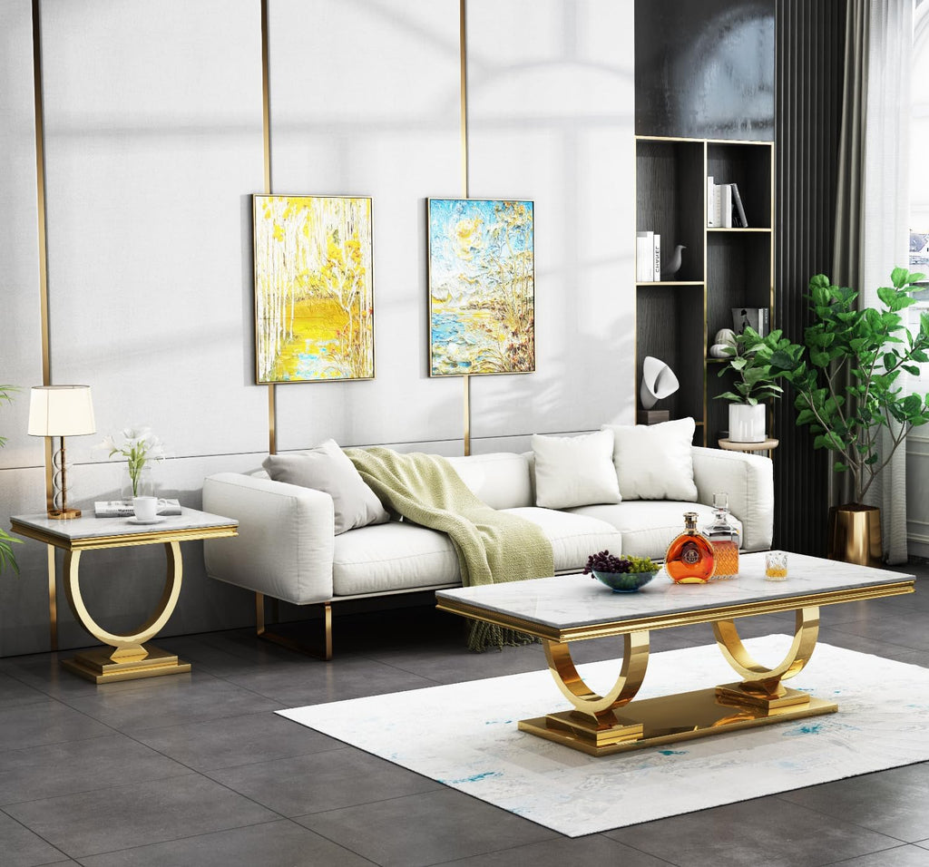 Coffee Tables Set of 3 for Living Room, Marble Coffee Table and 2 End Table Set, White Faux Marble Top&Gold O-Shape Stainless Steel Base, 3 Pieces Living Room Table Sets for Apartment Office