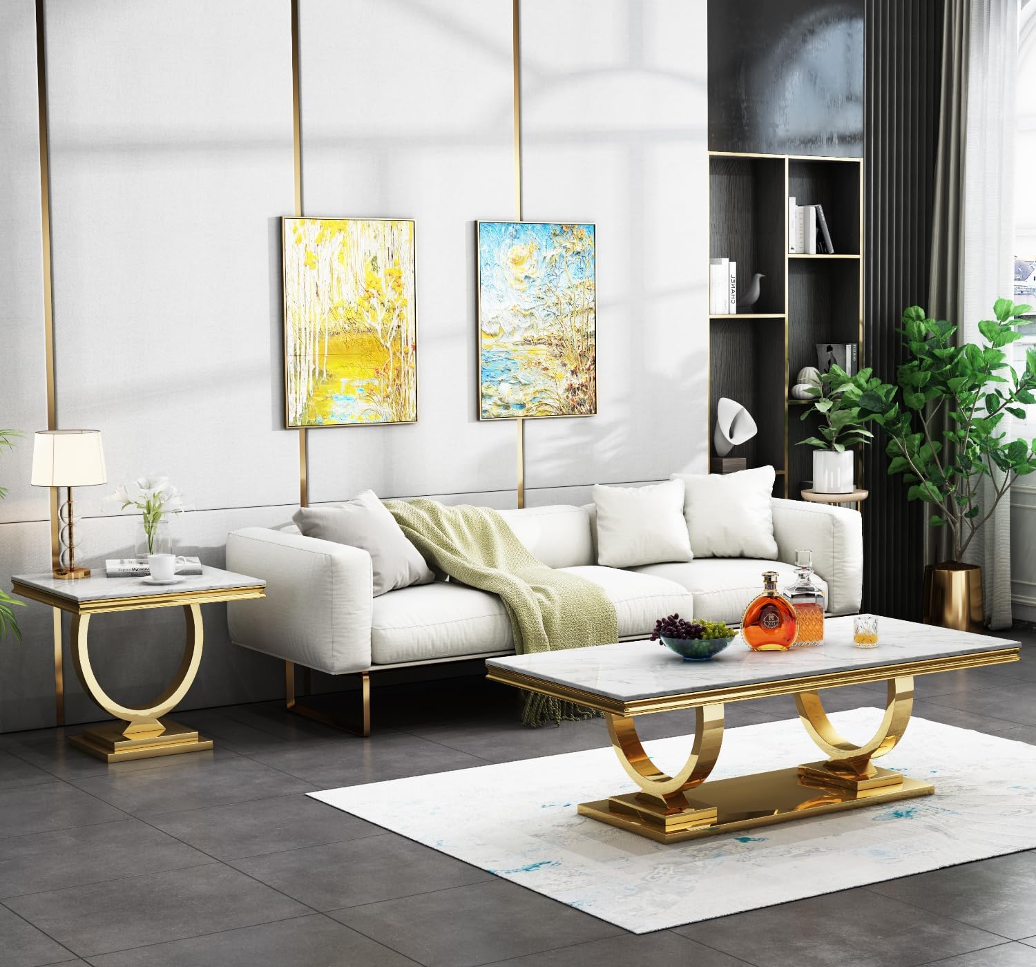 Coffee Tables Set of 3 for Living Room, Marble Coffee Table and 2 End Table Set, White Faux Marble Top&Gold O-Shape Stainless Steel Base, 3 Pieces Living Room Table Sets for Apartment Office