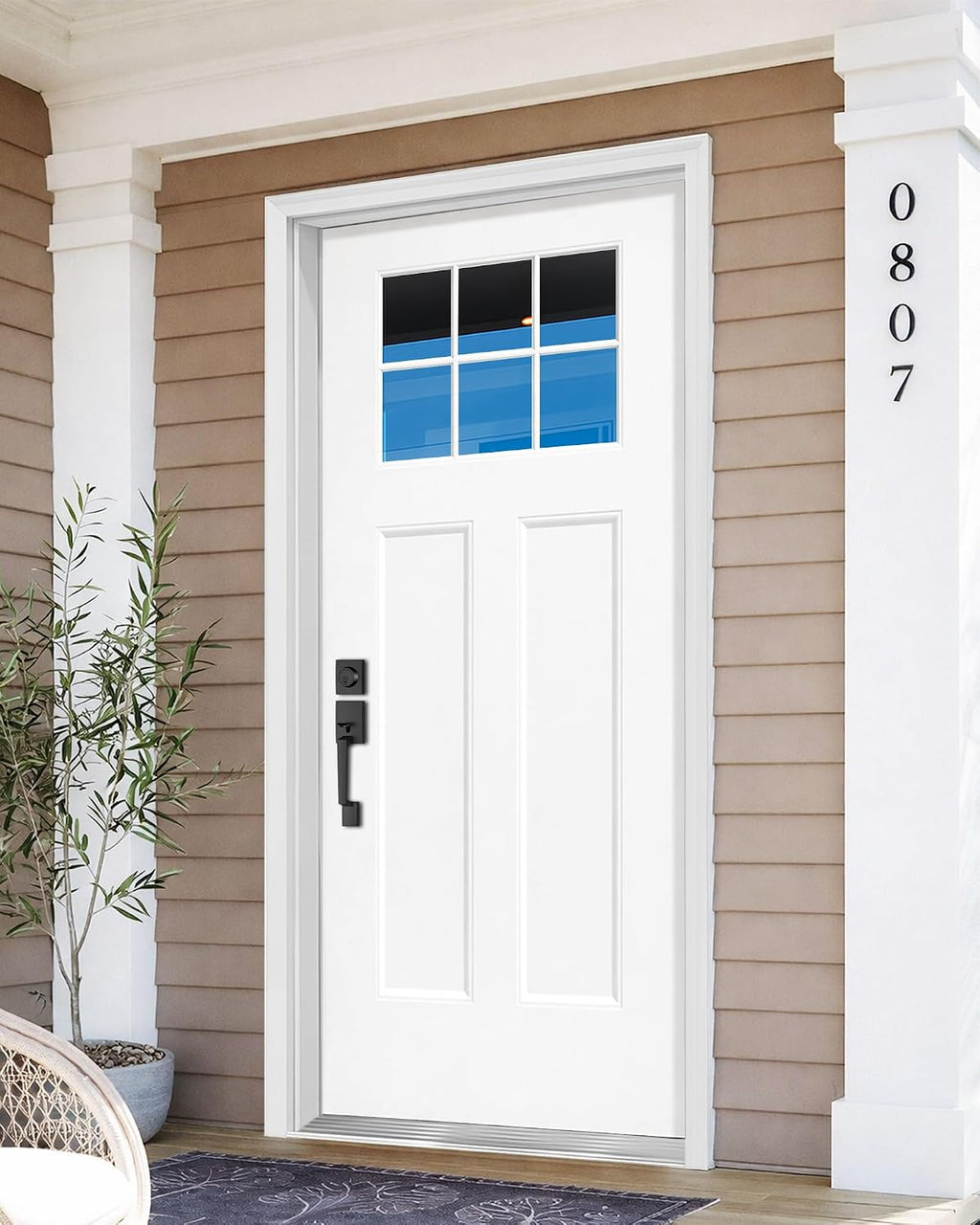 Fiberglass Entry Door, 36'' x 80' with Brickmould,Vinyl Frame,White Primed, Right Hand Inswing, Front Entry Knock-Down Door, 2-Panel Craftsman, 6-Lite Low-E Glass