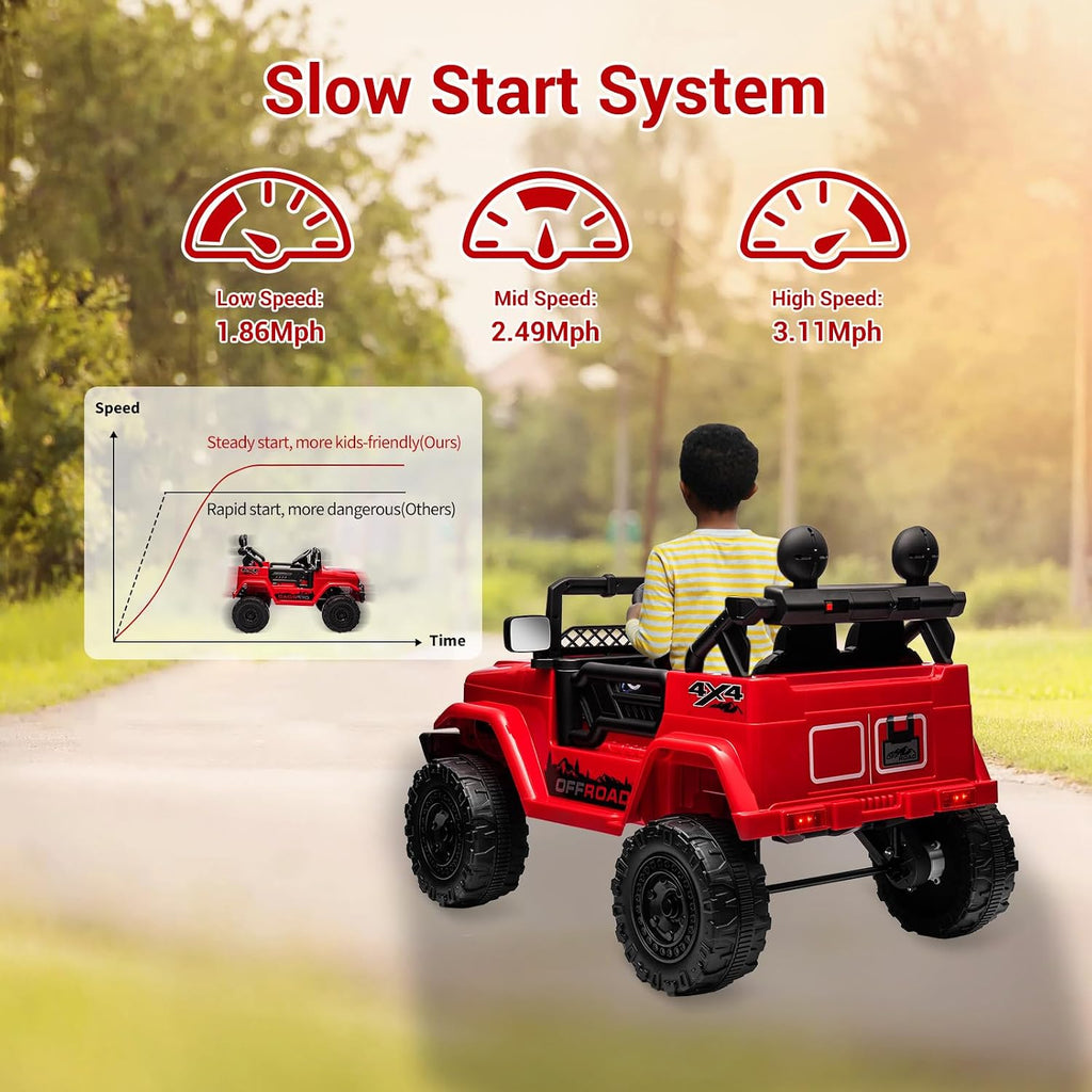 SEHOMY Kids Ride On Truck with Parent Remote, 12V Battery Powered Electric Car Girls Toys - 3 Speed, Spring Suspension, LED Lights, Safety Start, Music, 4 Wheels Kids' Electric Vehicles Red