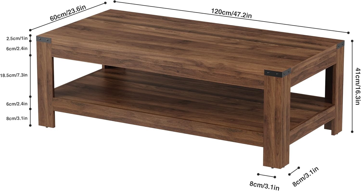 Farmhouse Coffee Table 47.2'', 2-Tier Coffee Table with Storage for Living Room, Modern Rustic Wooden Center Table, Cocktail Tea Table, Easy Assembly