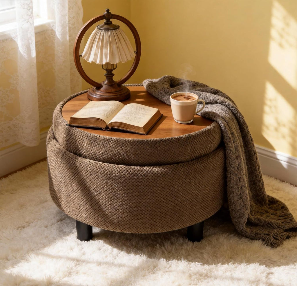 Round Storage Ottoman with Reversible Tray Lid, 25' Upholstered Button Tufted Coffee Table with Storage Foot Rest Stool for Living Room, Bedroom, Entryway, Coffee