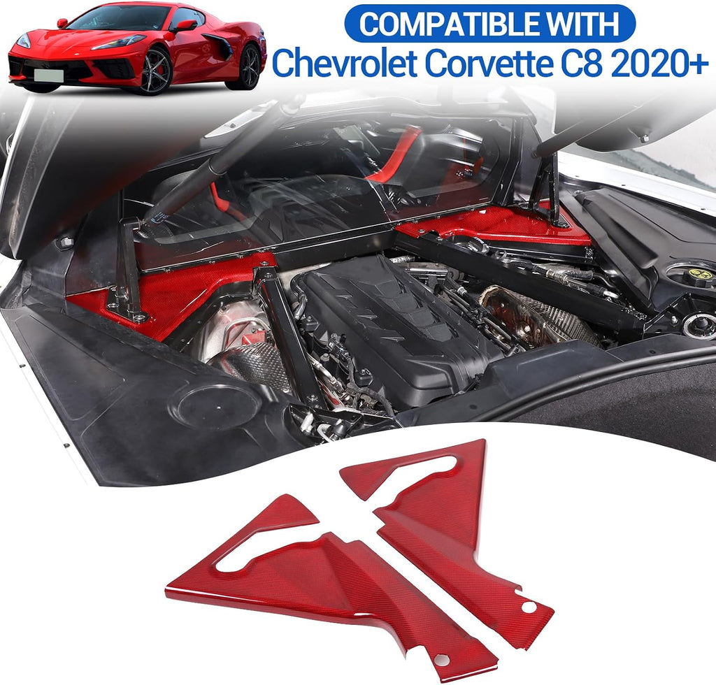 Real Carbon Fiber Engine Bay Panel Cover Compatible with Chevrolet Corvette C8 2020-2026, Front Hood Lift Supports Shock Struts Base Trim Cover Accessories 2Pcs (Red)