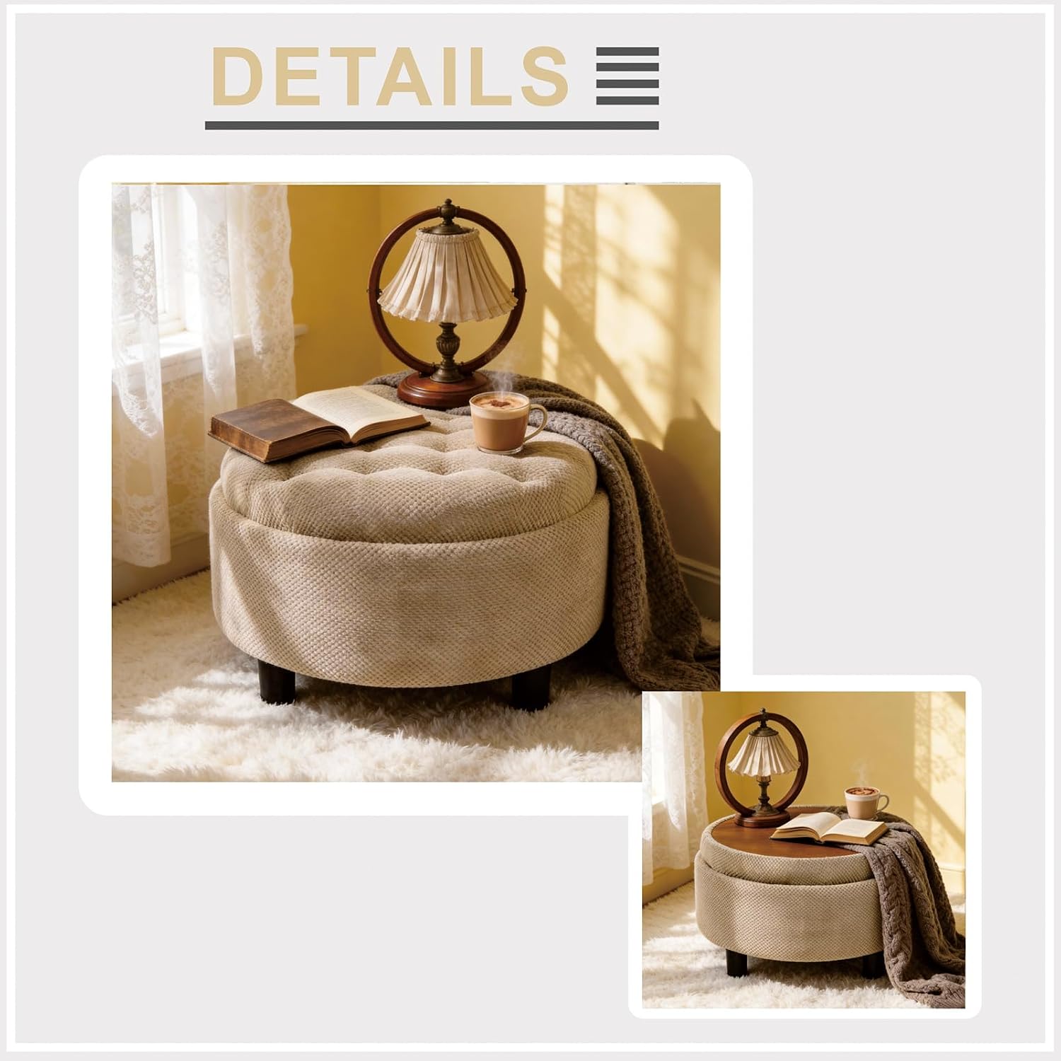 Round Storage Ottoman with Reversible Tray Lid, 25' Upholstered Button Tufted Coffee Table with Storage Foot Rest Stool for Living Room, Bedroom, Entryway, Camel