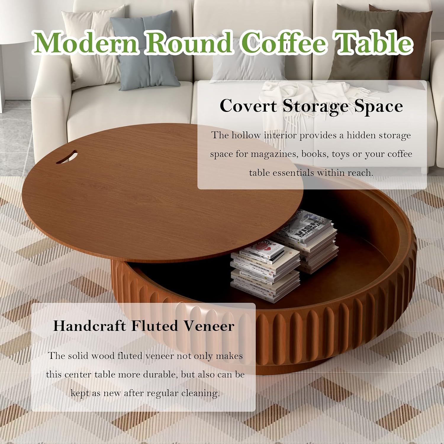 39.37' Round Drum Coffee Table with Storage Rustic Chic Fluted Center Table - Handcraft Solid Wood Veneer Edge for Living Room Farmhouse (A 39.37in)