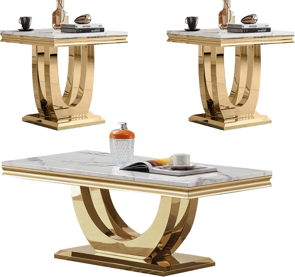 Marble Coffee Table Set of 3, 3 Piece Living Room Table Set Include 1 Coffee Table & 2 End Tables,Modern White Gold Coffee Table and End Table Sets with Double U Shape Stainless Steel Base