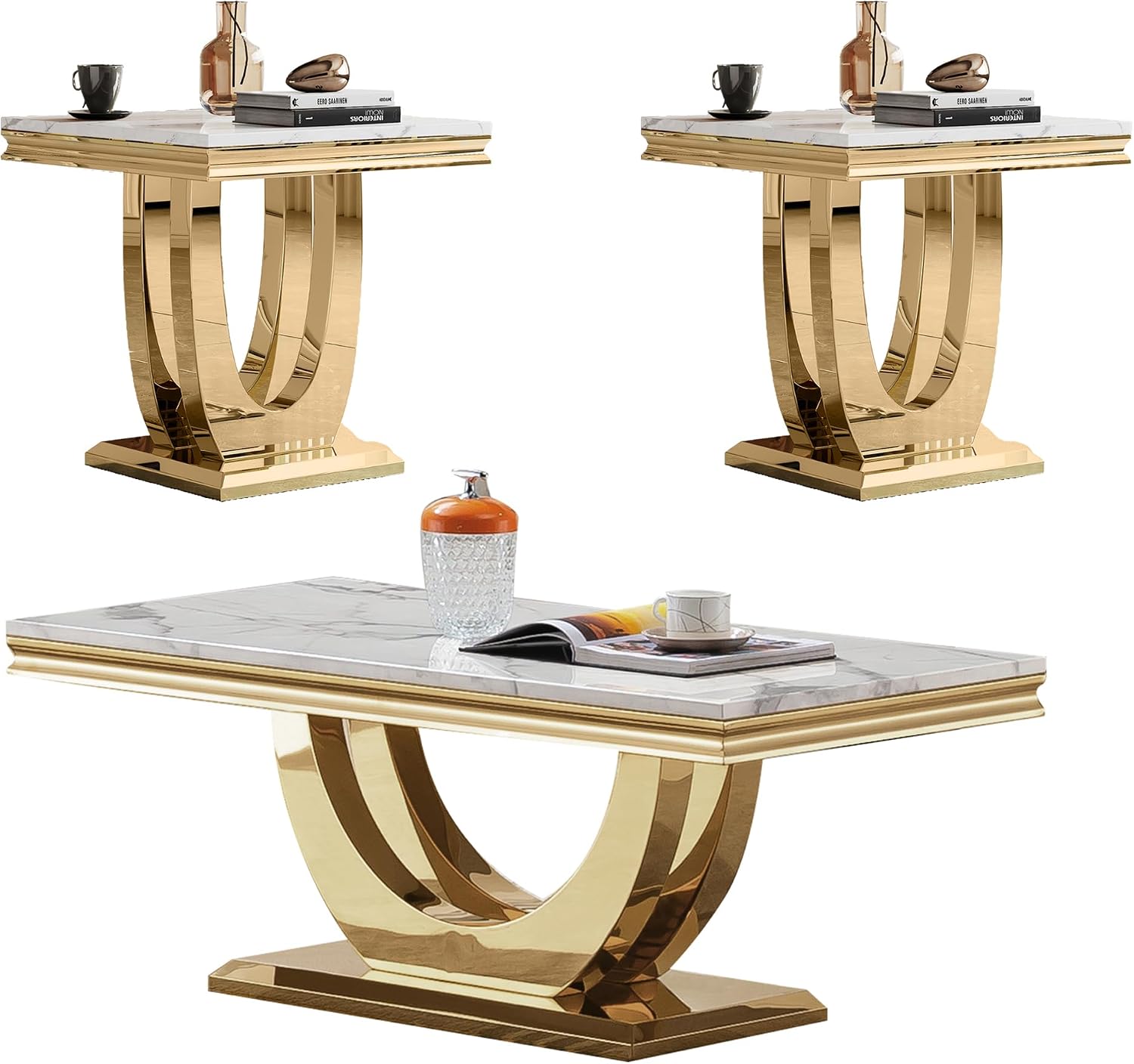 Marble Coffee Table Set of 3, 3 Piece Living Room Table Set Include 1 Coffee Table & 2 End Tables,Modern White Gold Coffee Table and End Table Sets with Double U Shape Stainless Steel Base