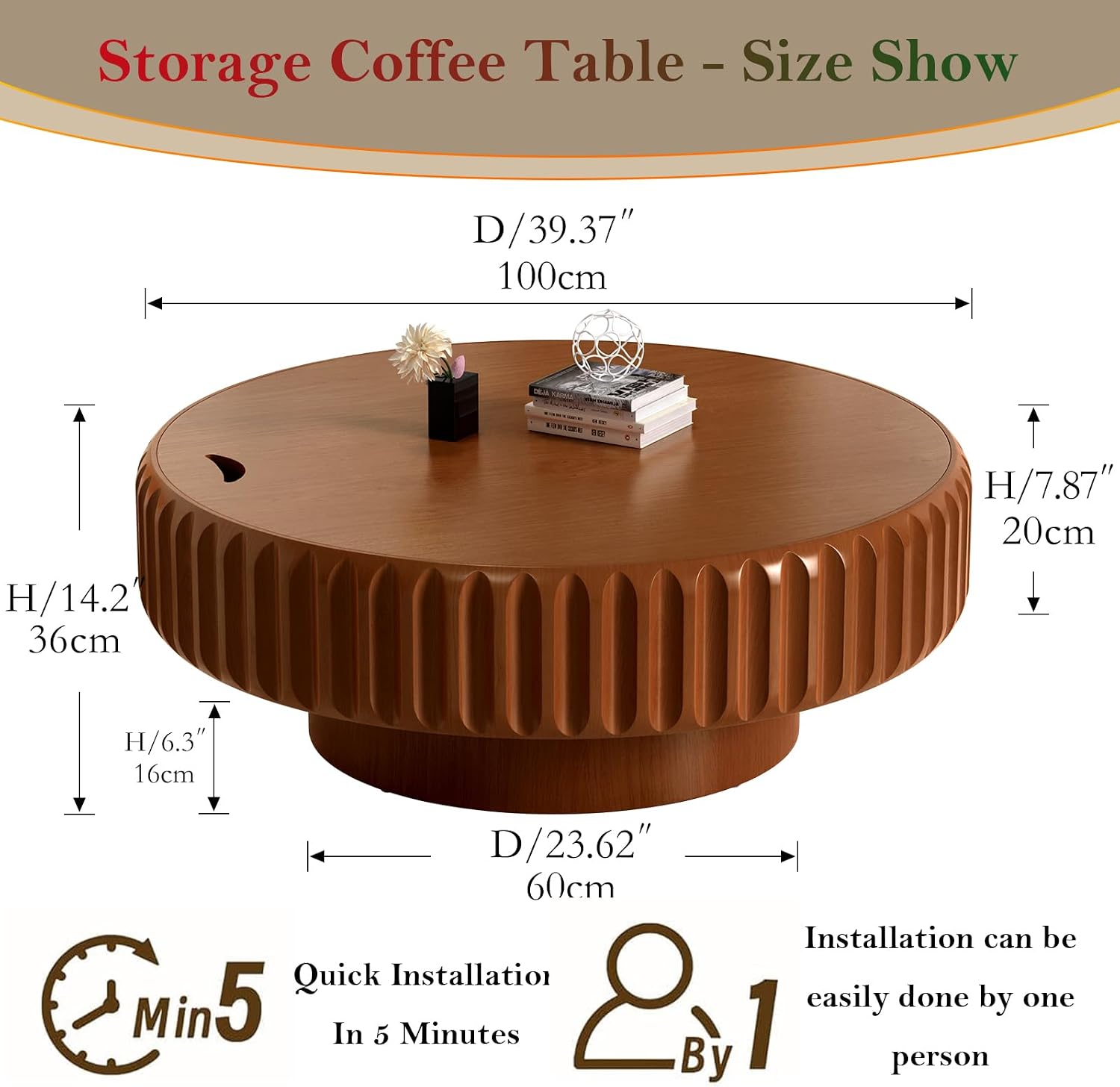 Chic Drum Coffee Table with Storage 39.37' Rustic Round Center Table - Handcraft Fluted Veneer Easy Assemble for Living Room Apartment (C 39.37in)