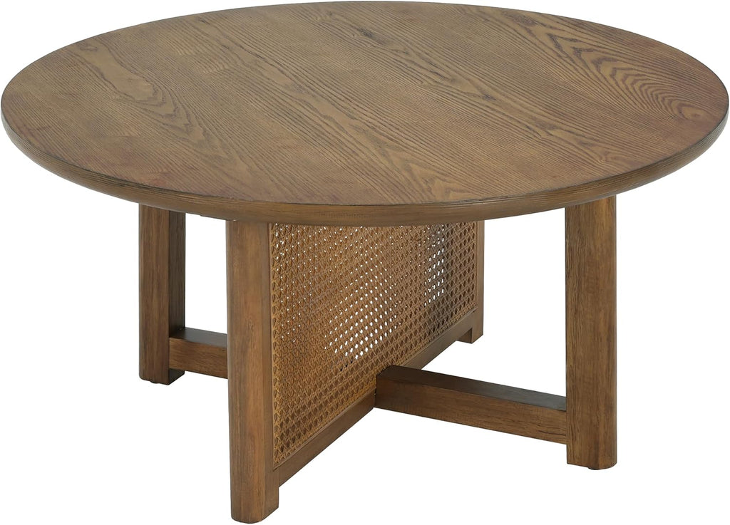 Christopher Knight Home Kiaya Round Coffee Table with PE Woven Design, Wood Coffee Tables for Living Room, Stylish Indoor Round Table, Easy Assembly, Versatile Living Room Furniture, Natural Brown