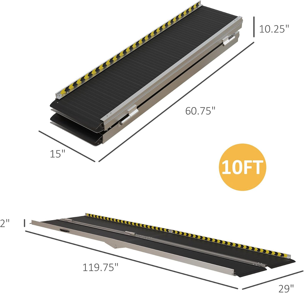 HOMCOM Wheelchair Ramp, 10FT Foldable Threshold Ramp, Aluminum Handicap Ramp with Non-Slip Surface, Transition Plates Above and Below for Home, Doorways, Steps, 600lbs Capacity