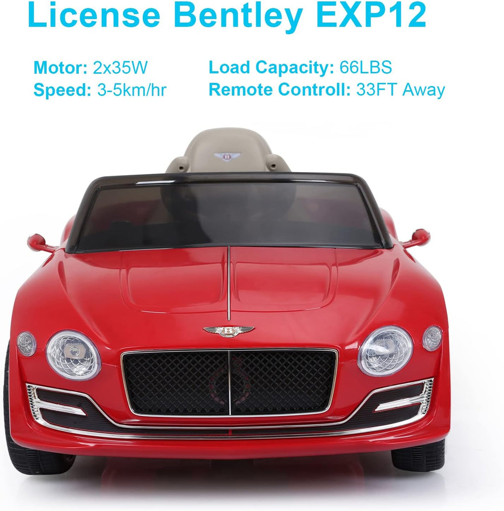 SEHOMY 12V Electric Ride On Car with Remote, Bentley Licensed Motorized Vehicles for Kids Ages 3-8, Battery Powered Children Toy Cars, 4 Wheels, LED Headlights, MP3, Horn, TF Card, USB Port, Red