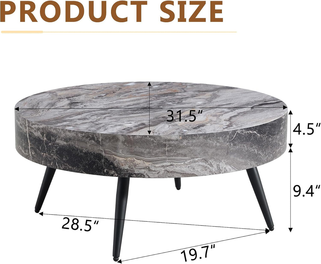 31.5' Modern Round Coffee Table,Small Coffee Tables Center Table with Metal Legs Marble-Patterned Tabletop for Living Room Office Apartment,Easy to Assemble, Grey Marble