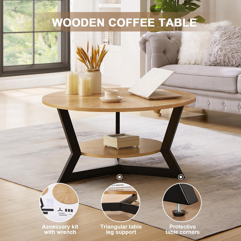 Round Coffee Table, Wood Circle Coffee Table with 2-Tier Storage, Center Table for Living Room Bedroom Office Apartment, Easy Assembly, 35'x 18'Inches, Light Brown
