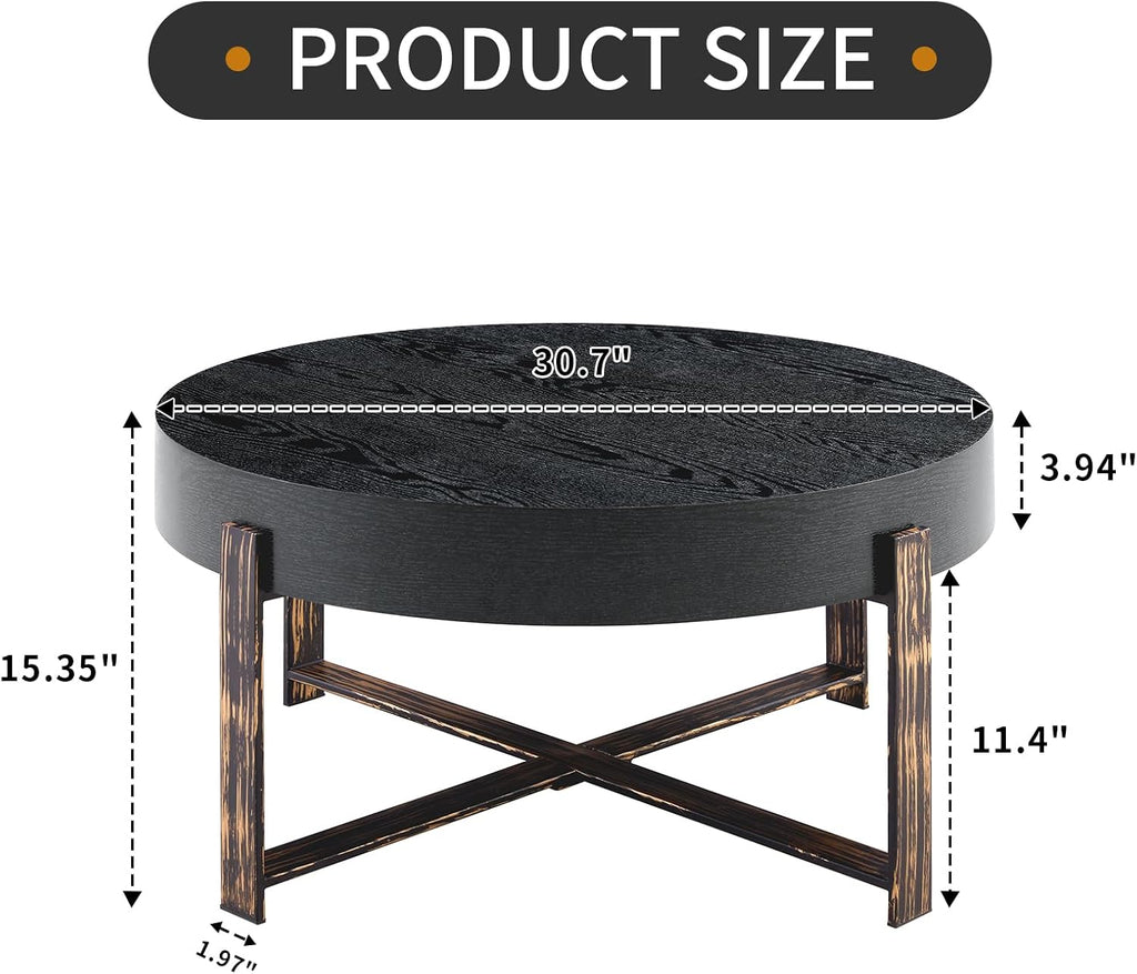Round Coffee Table, 30.7' Modern Coffee Tables for Living Room, Circular Wooden Center Tea Table with Metal Legs for Apartment Office Small Space, Black