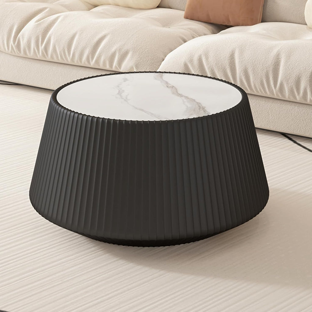 26.77' Marble Coffee Table, Modern Cup Shaped Coffee Table with Sintered Stone Top and PU Leather Covered, Black Fluted Cocktail Center Tea Coffee Tables for Living Room,No Need Assembly