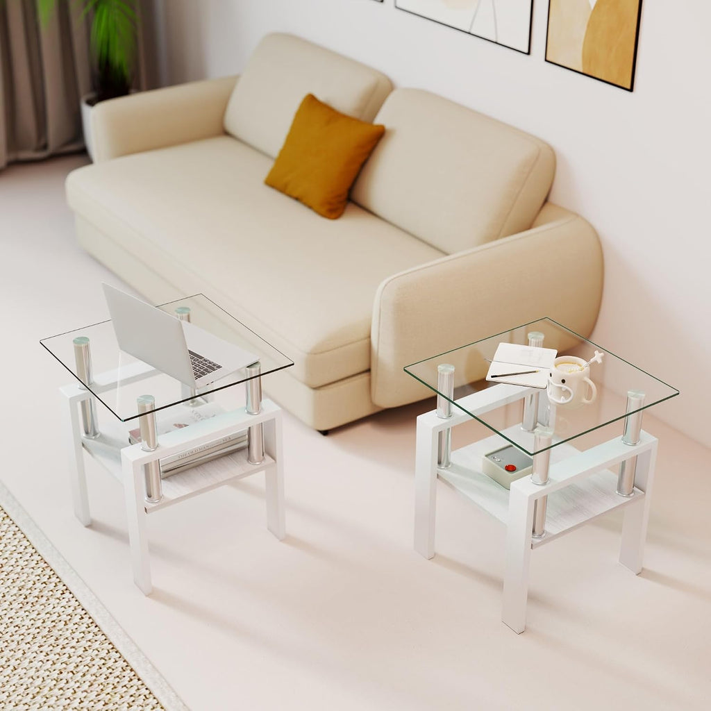 White Glass Coffee Table Sets of 3 for Living Room, Mordern End Table Sofa Side Tables, Metal Leg and Wood Storage 2 Tier, Rectangle